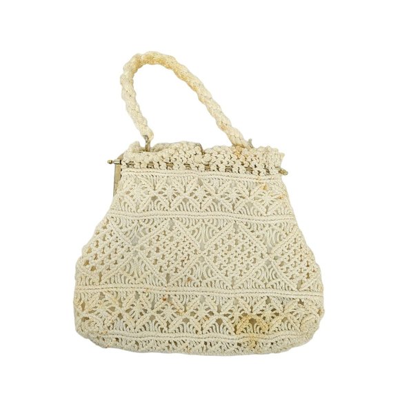 Vintage Crochet Handbag AS-IS READ Rope Handle Boho Purse Clasp Closure Cream - Picture 11 of 11